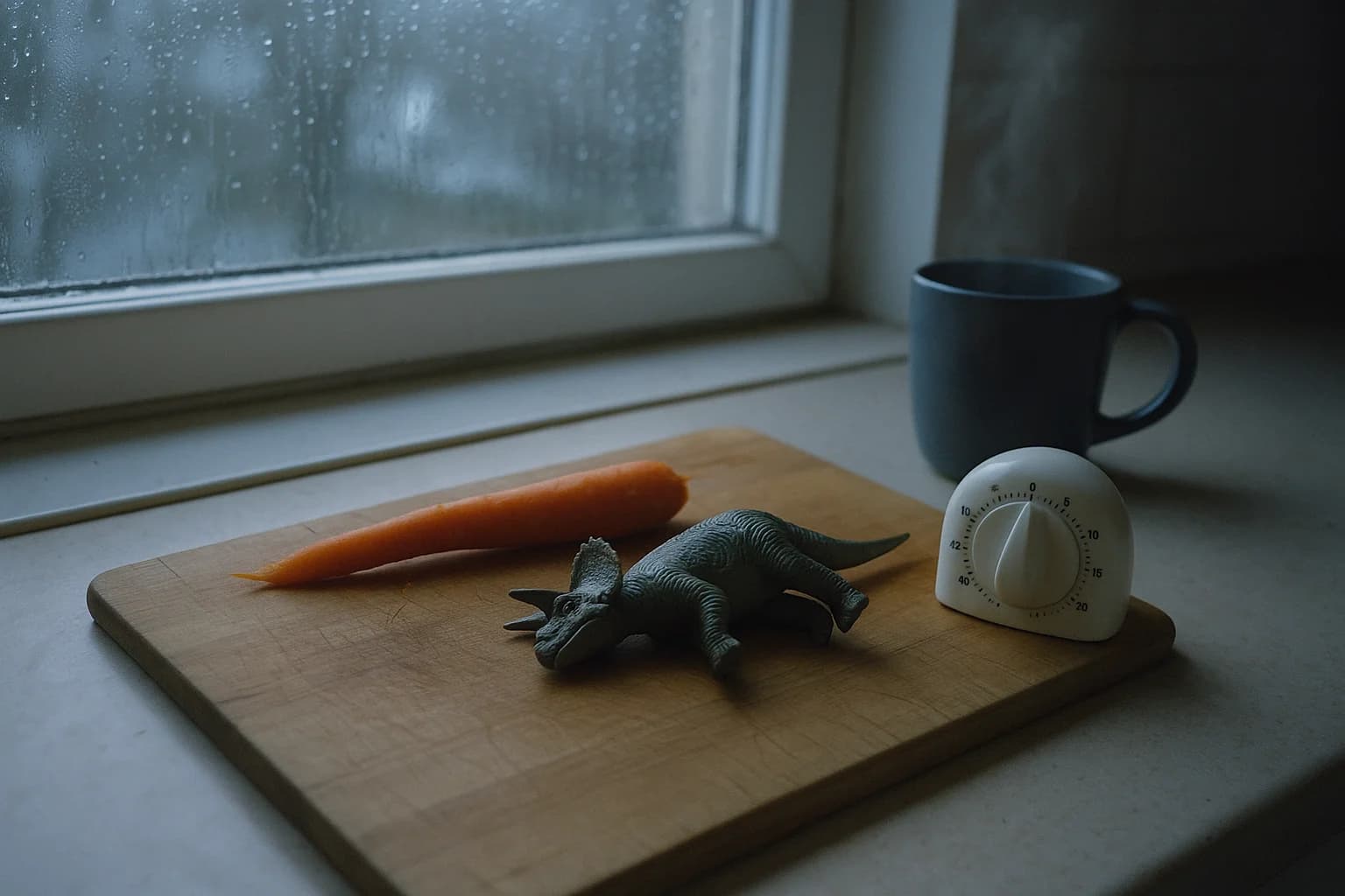 Un dinosaure en plastique posé sur une planche à découper, à côté d’une carotte à moitié épluchée et d’un minuteur de cuisine