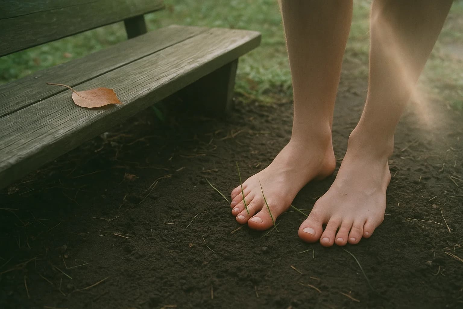 Exercice d’ancrage : deux pieds nus posés à plat sur la terre fraîche d’un jardin, près d’un banc, dans la lumière douce du matin