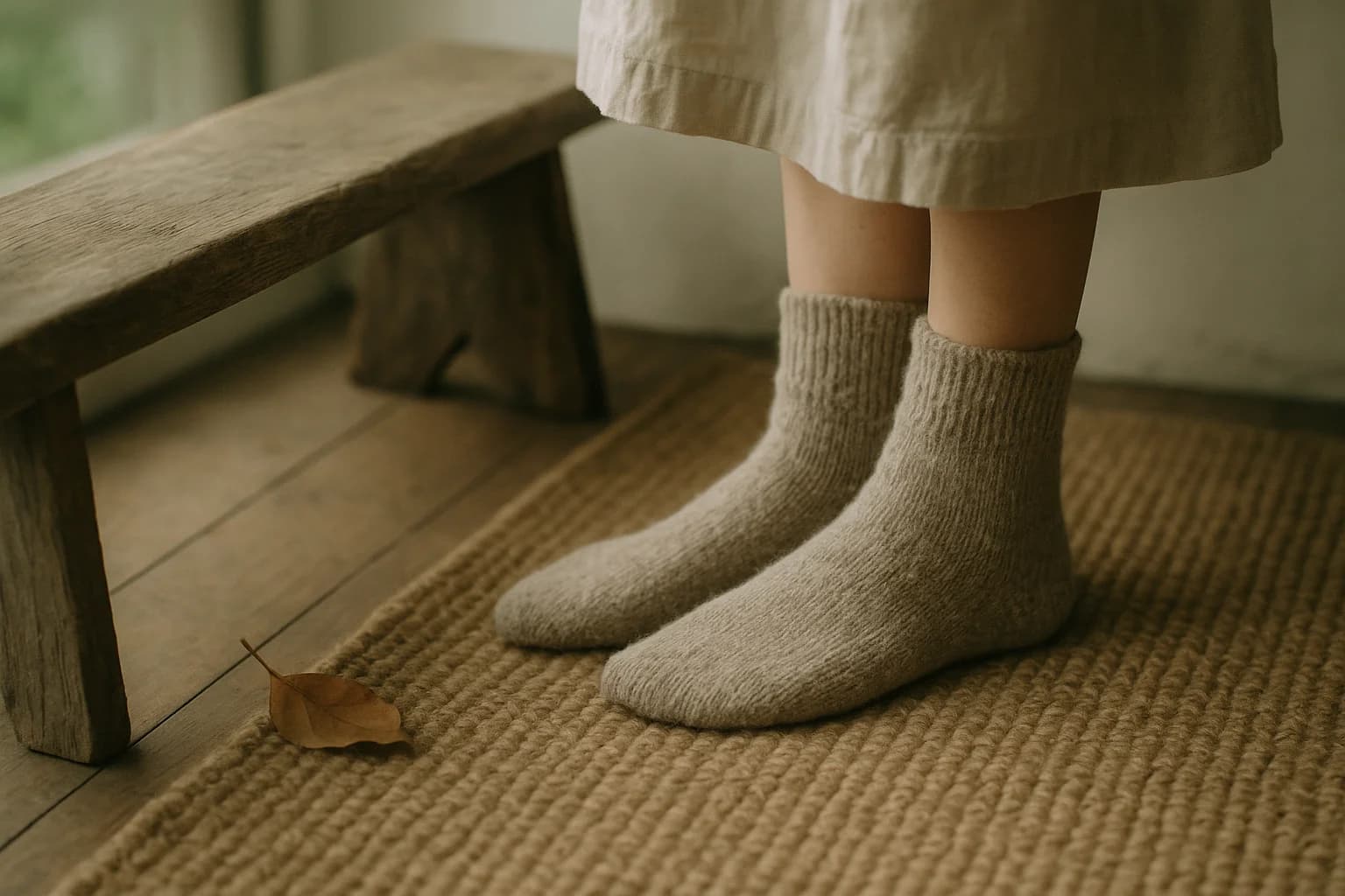 Deux pieds en grosses chaussettes de laine posés sur un tapis de jute, le poids installé dans le sol près d’un banc en bois