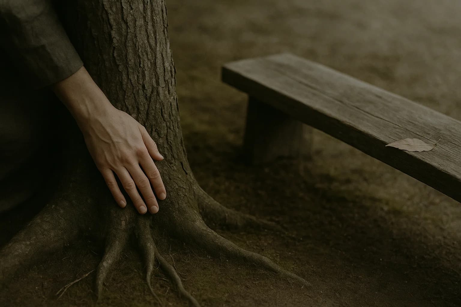 Une main posée sur l’écorce d’un tronc d’arbre au ras du sol, les racines s’étalant dans la terre couverte de mousse