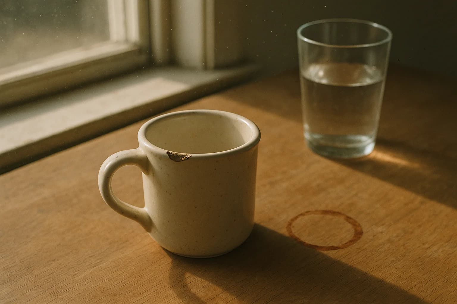 Tasse en céramique claire ébréchée au bord, posée près d’une fenêtre, trace de café séchée sur le bois