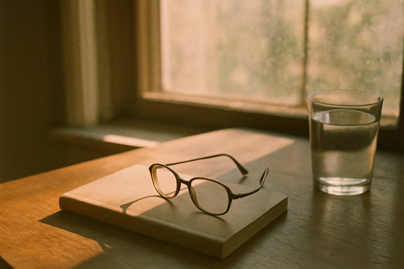 Lunettes de lecture posées sur un carnet fermé près d’une fenêtre, verre d’eau à côté