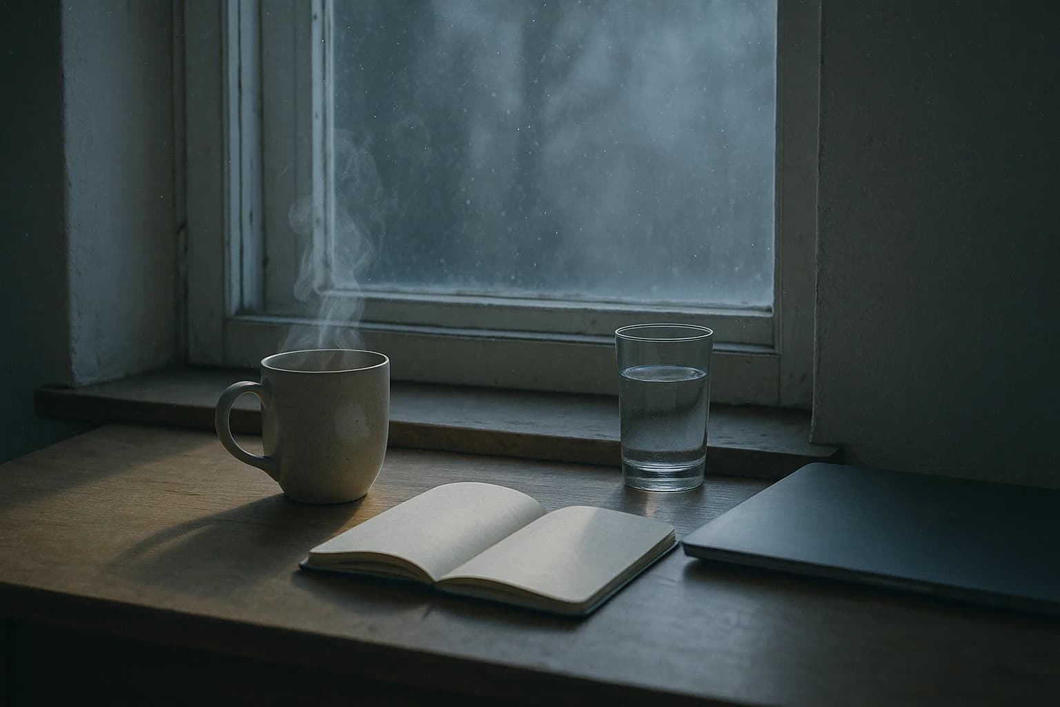 Une tasse fumante posée sur un rebord de fenêtre à côté d'un ordinateur portable fermé, lumière du jour
