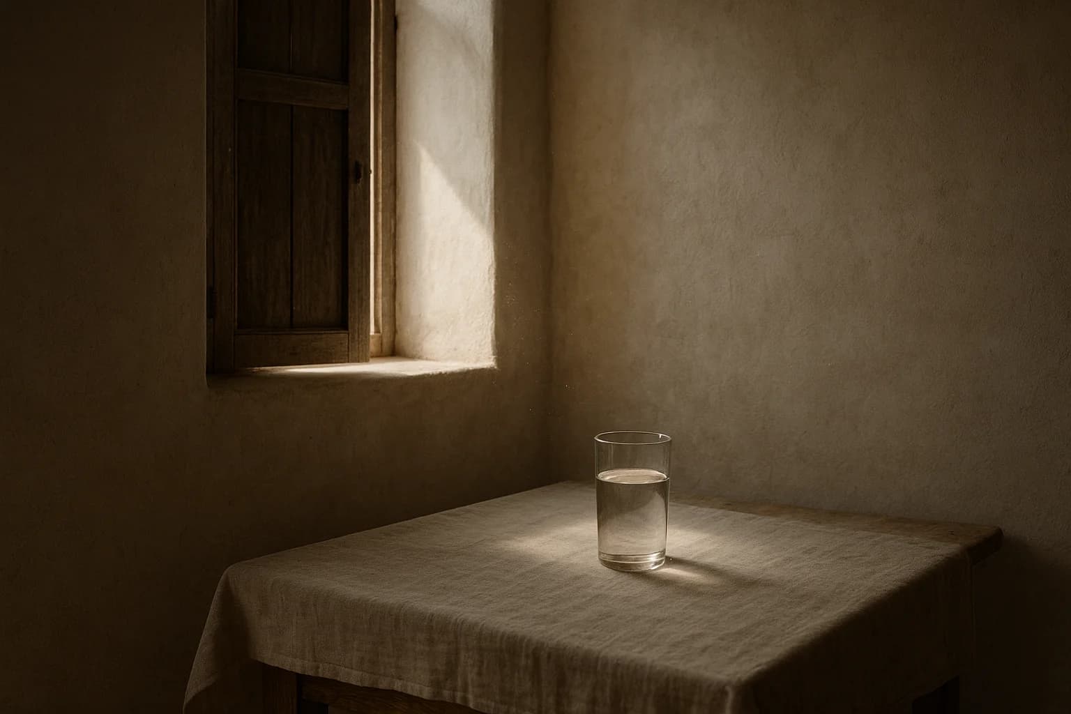 Half open wooden shutter letting a narrow band of daylight fall across a plain plastered wall