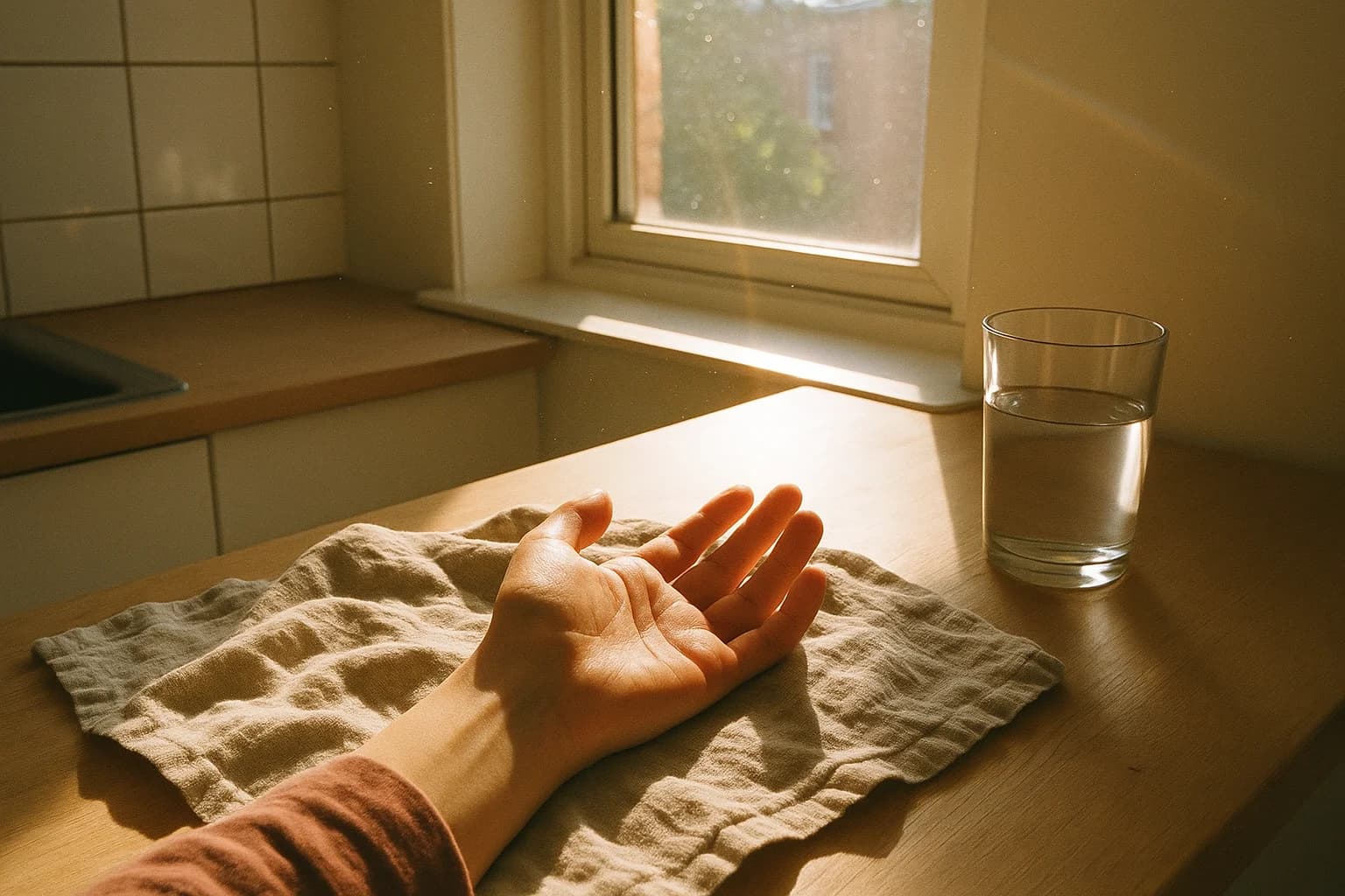 Hand resting palm up on a linen sheet, warm window light across the fingers