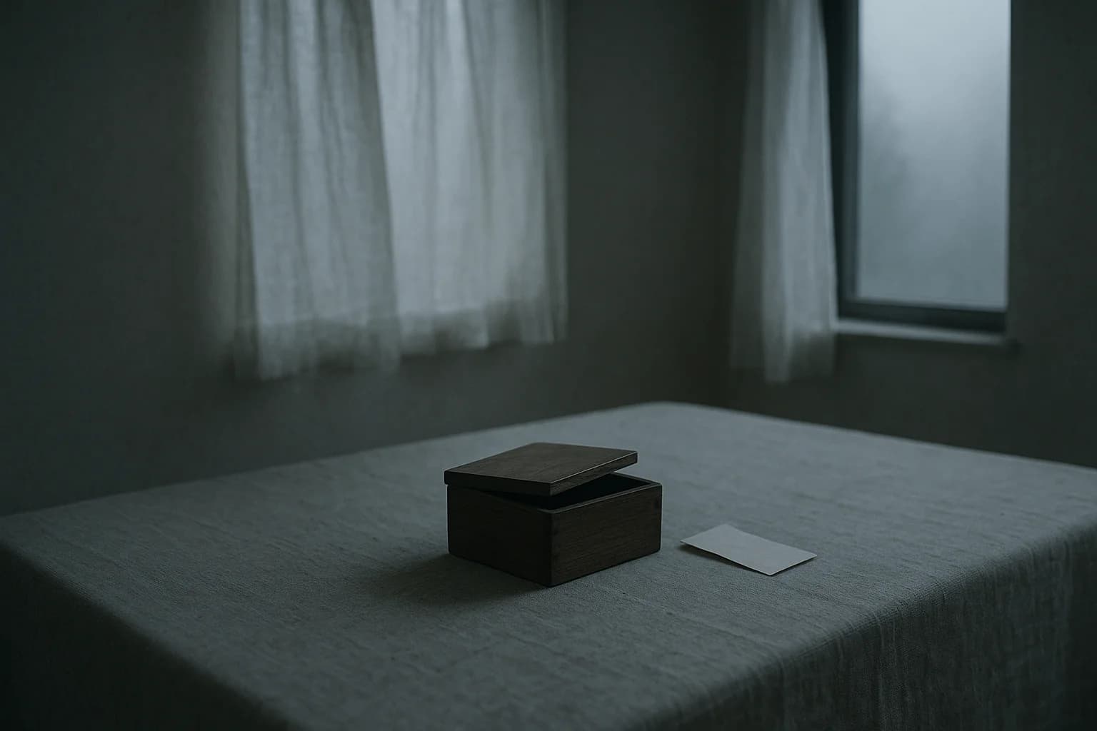 Une petite boîte en bois au couvercle entrouvert sur une nappe en lin, un papier plié posé à côté