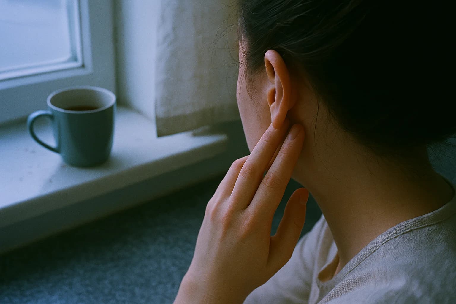 Exercises to relax your jaw: two fingers resting just in front of the ear, on the jaw joint, near a window