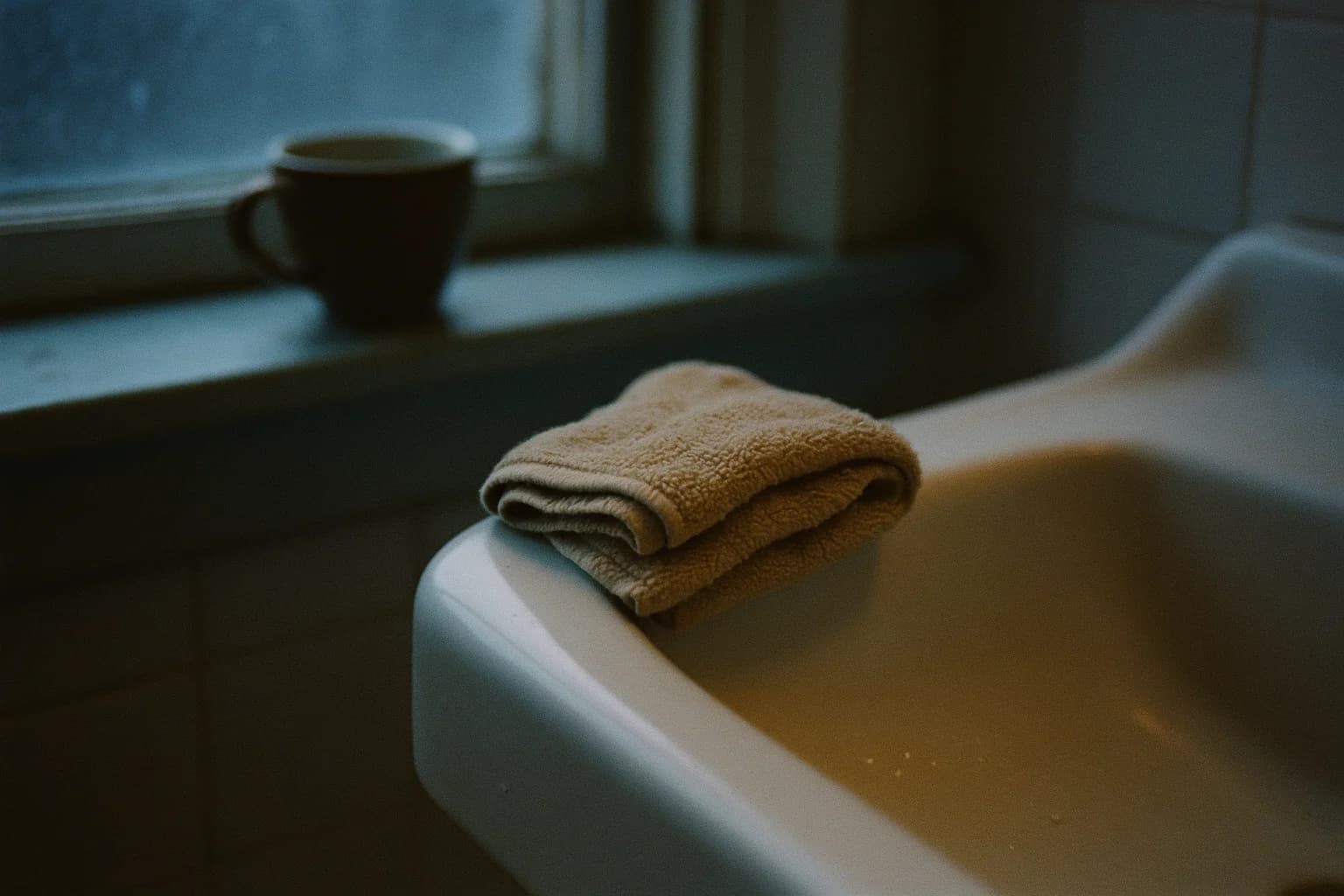 Clenched jaw: a warm folded washcloth resting on the rim of a white ceramic basin