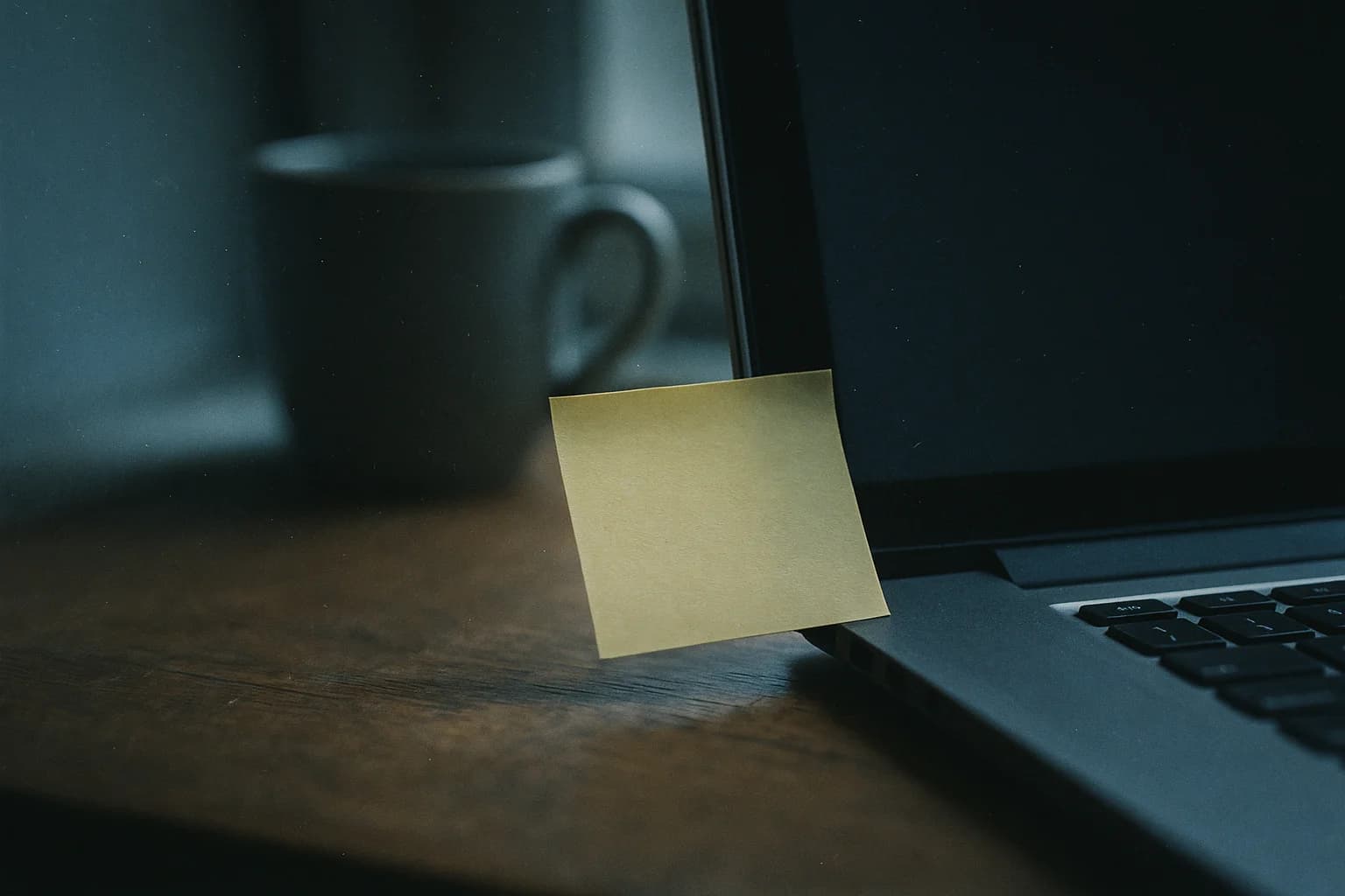 Jaw relaxation reminder: a sticky note propped against the bottom of a laptop screen on a wooden desk