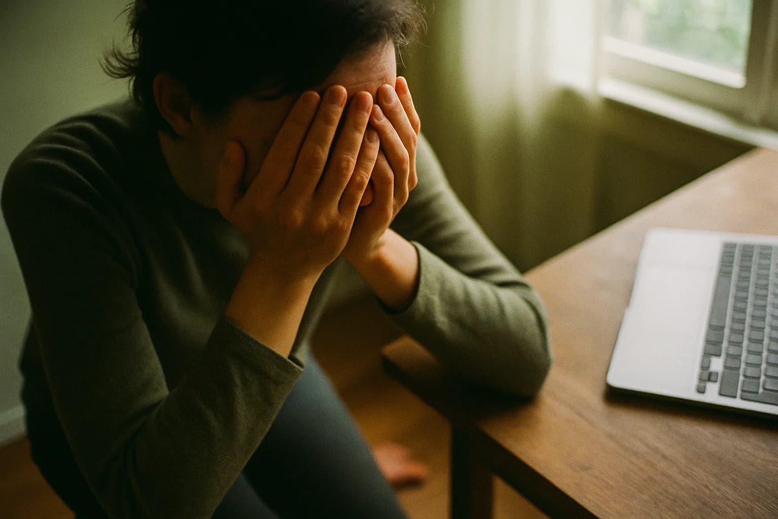 Exercices pour détendre les yeux : mains posées en coupe sur les yeux fermés, à un bureau près d’un ordinateur portable