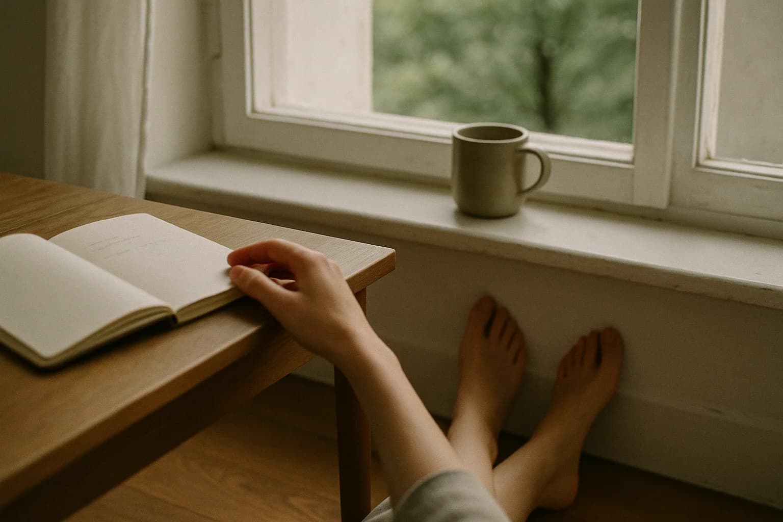 Pause loin de l’écran : regard posé vers une fenêtre, un arbre flou au loin et une tasse sur le rebord