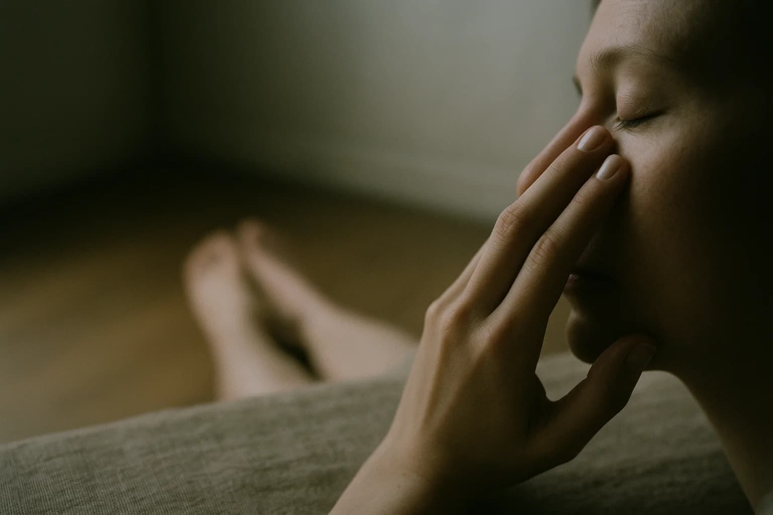 Détendre les yeux fatigués : le bout des doigts effleure une paupière fermée, le visage relâché