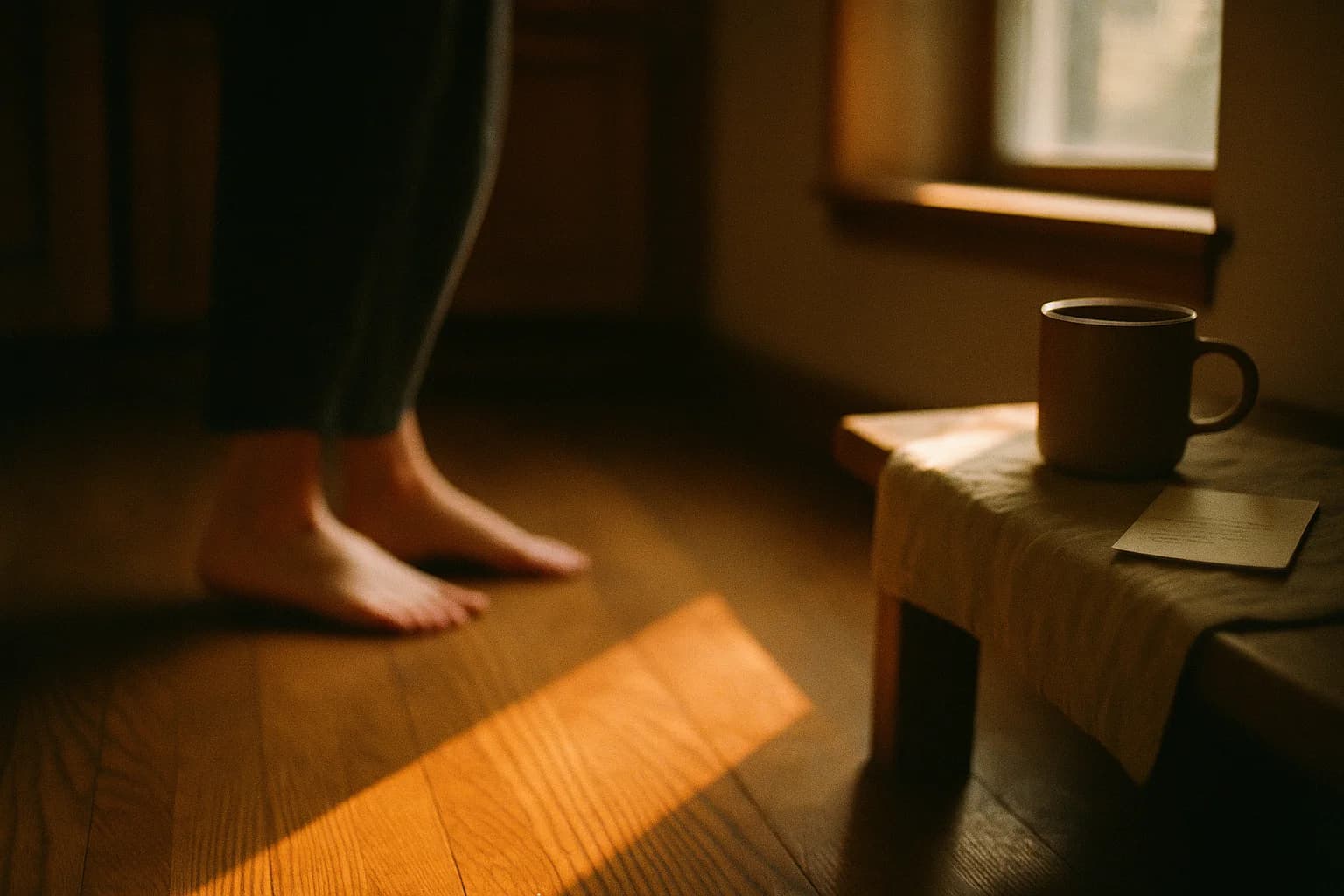 Pieds nus posés sur un parquet clair, lumière rasante du matin projetant des ombres longues
