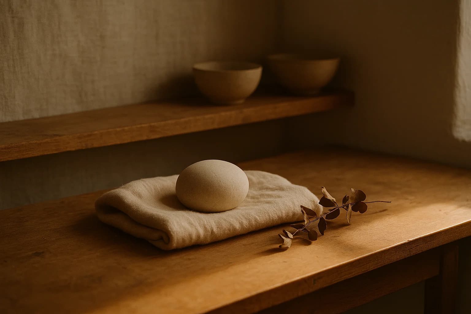 Galet pâle posé sur une couverture en laine pliée, brin d'eucalyptus séché, lumière chaude — image de douceur et d'harmonie envers soi
