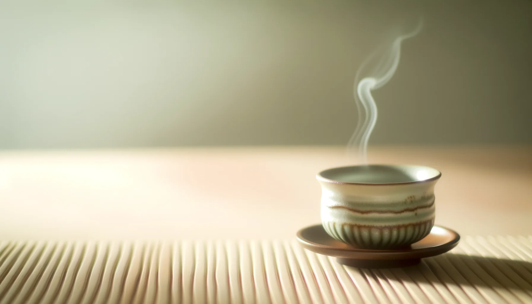 Tasse de thé fumante dans un décor harmonieux et équilibré, symbolisant la méditation de visualisation pour retrouver l’harmonie intérieure