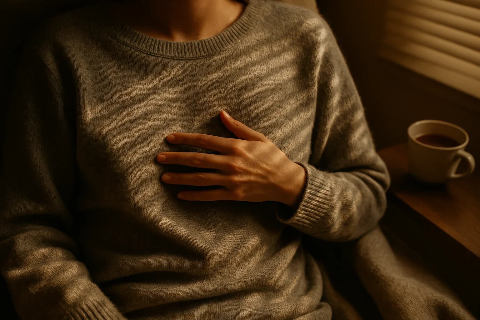 Main posée à plat sur le sternum d'un pull gris chiné, lumière matinale filtrant par des stores vénitiens