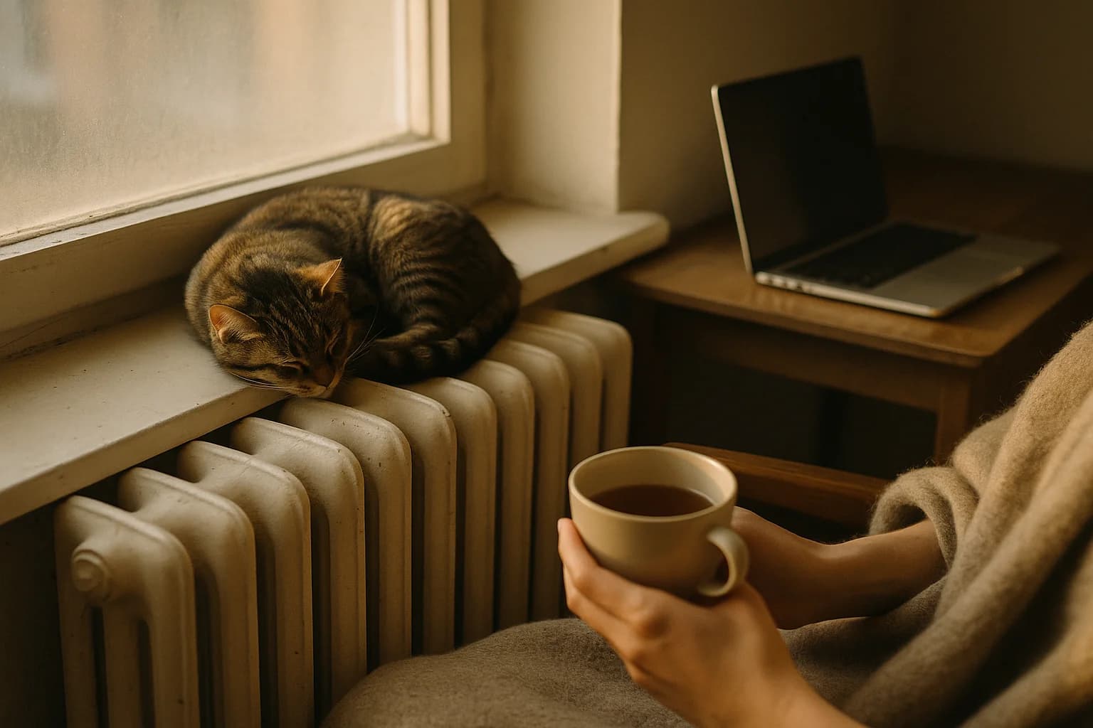 Chat tigré endormi sur un radiateur blanc près d'une fenêtre embuée, bureau avec ordinateur portable entrouvert en arrière-plan flou