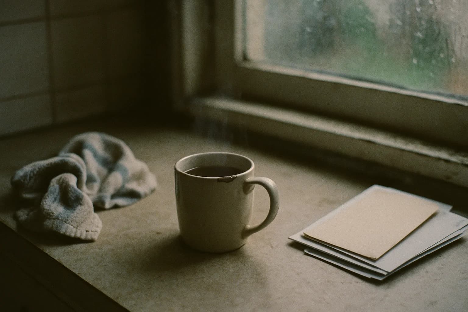 Une tasse de thé refroidie sur un plan de travail encombré, image de ces journées où je m’énerve pour un rien