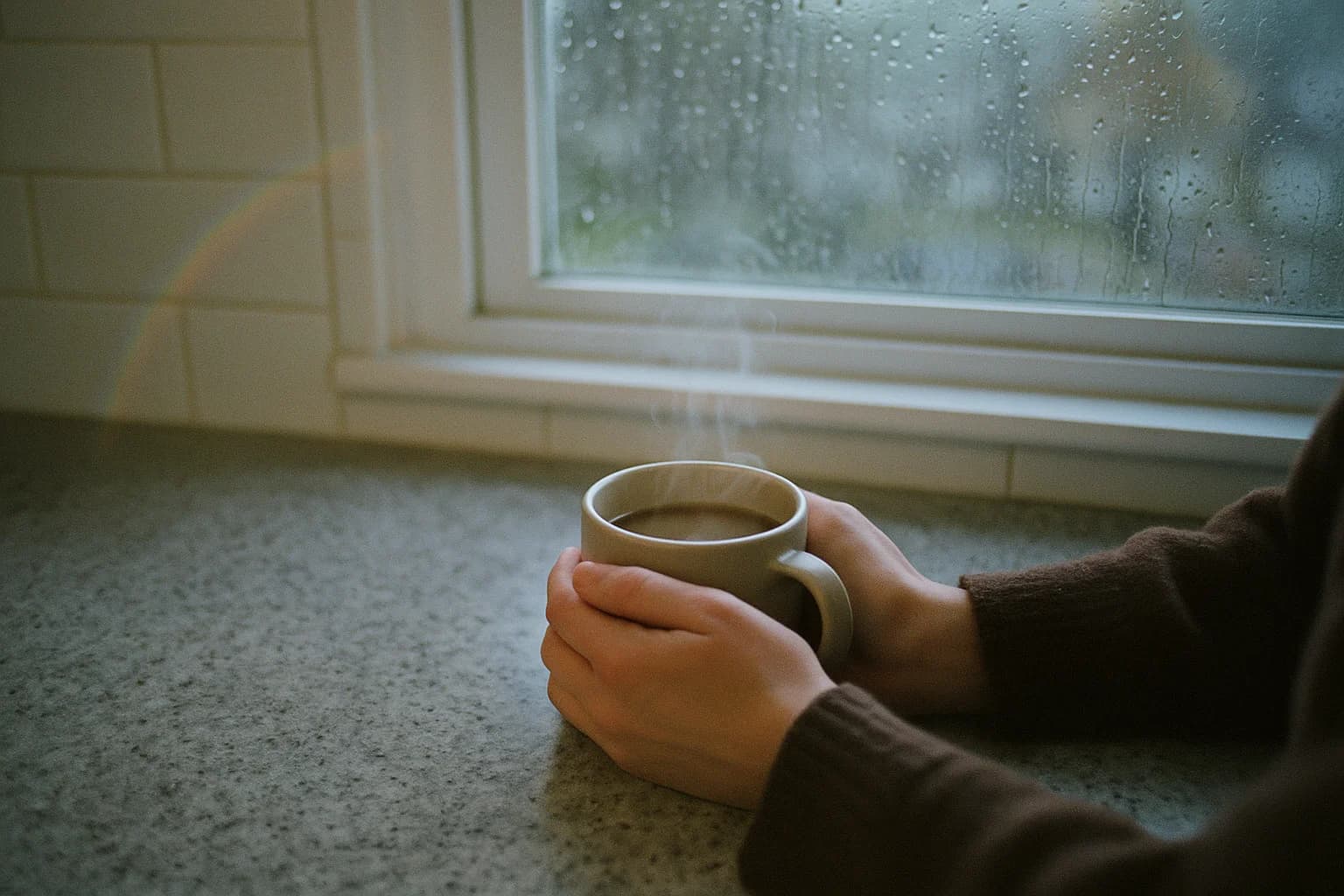 Deux mains refermées autour d’un mug chaud posé sur un plan de travail, un filet de vapeur devant une fenêtre pluvieuse