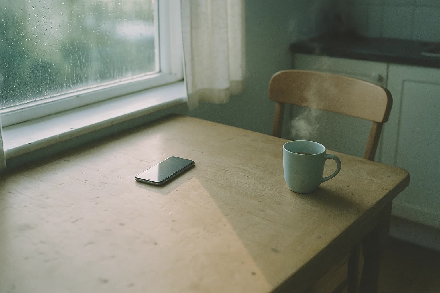 Un téléphone posé à plat sur une table de cuisine, une chaise écartée et une tasse fumante à côté