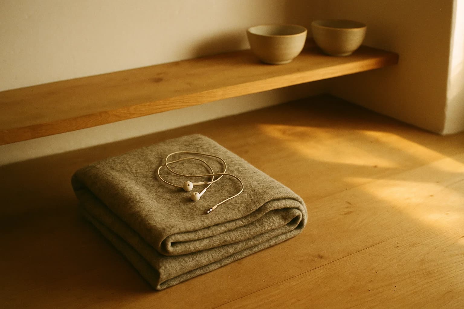 Je n’arrive pas à visualiser en méditation : une couverture de laine beige pliée sur un parquet clair avec des écouteurs filaires posés dessus