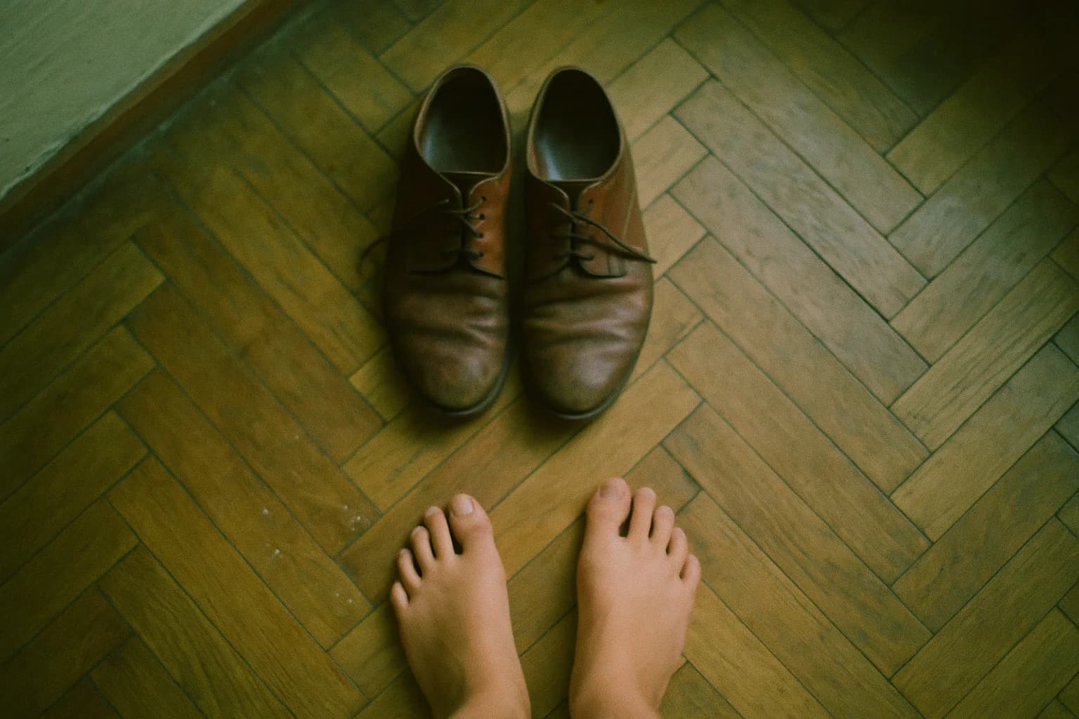 Chaussures de cuir usées et deux pieds nus posés sur un parquet, vus de dessus — l'ancrage corporel avant d'entrer en classe