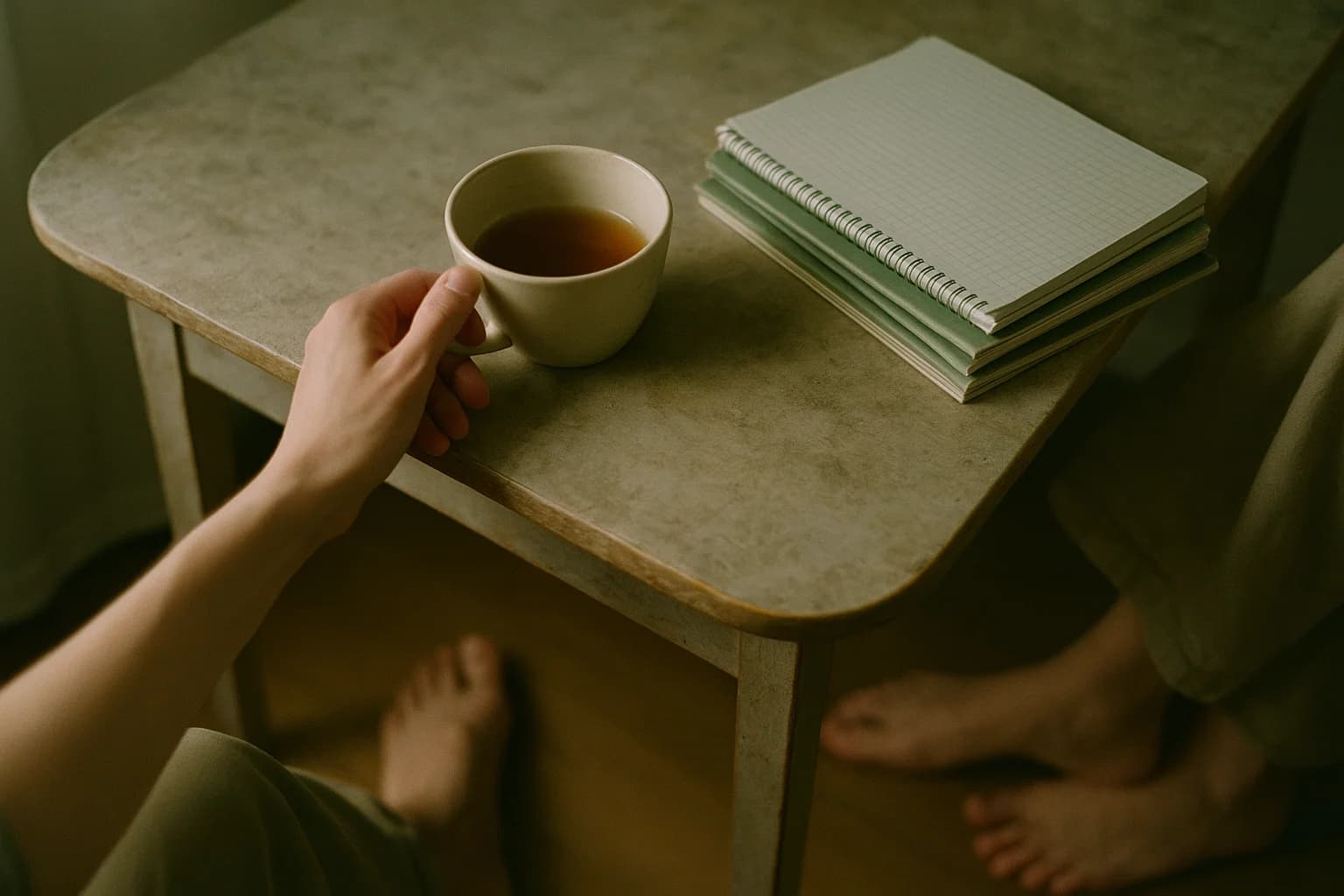Tasse de thé refroidie et pile de cahiers d'élèves sur une table de cuisine la nuit, éclairée par une lampe chaude