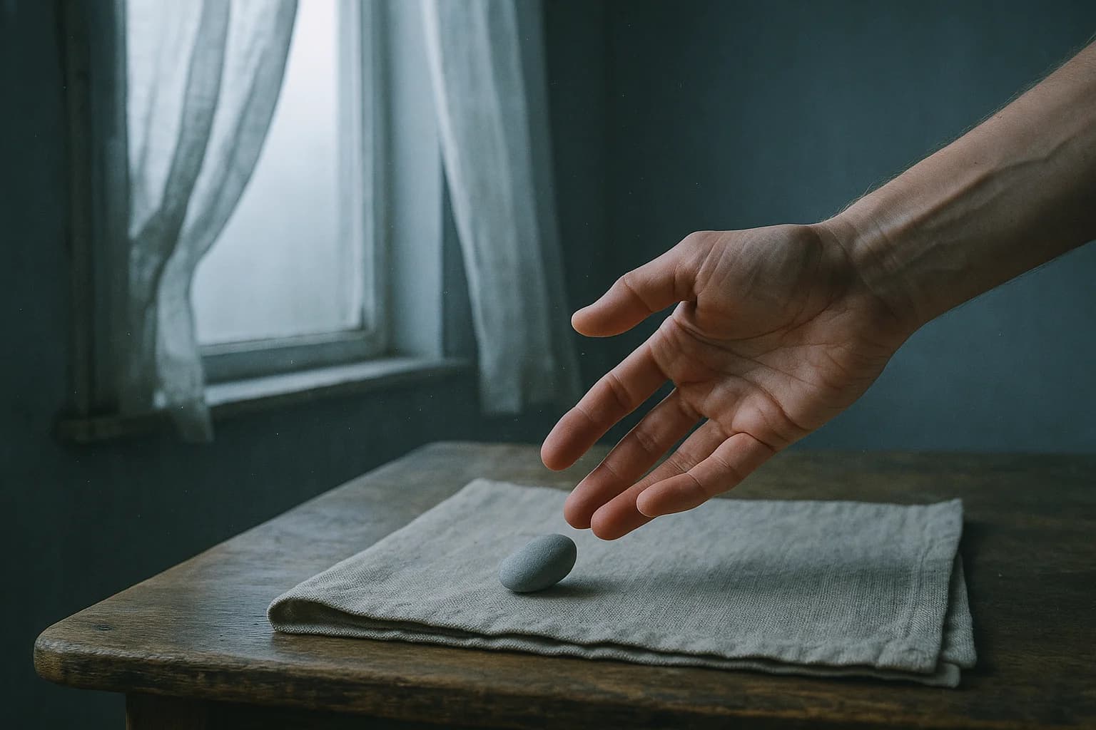 Main entrouverte laissant aller un petit galet gris lisse sur un tissu de lin, lumière latérale douce