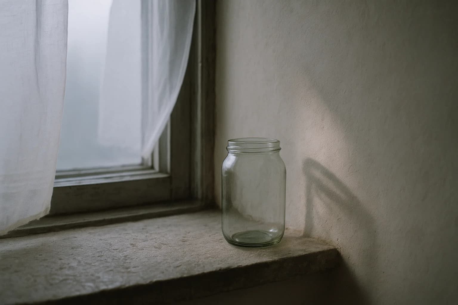 Bocal en verre vide posé sur un rebord de fenêtre en pierre, lumière d'après-midi traversant le verre, ombre allongée sur le mur