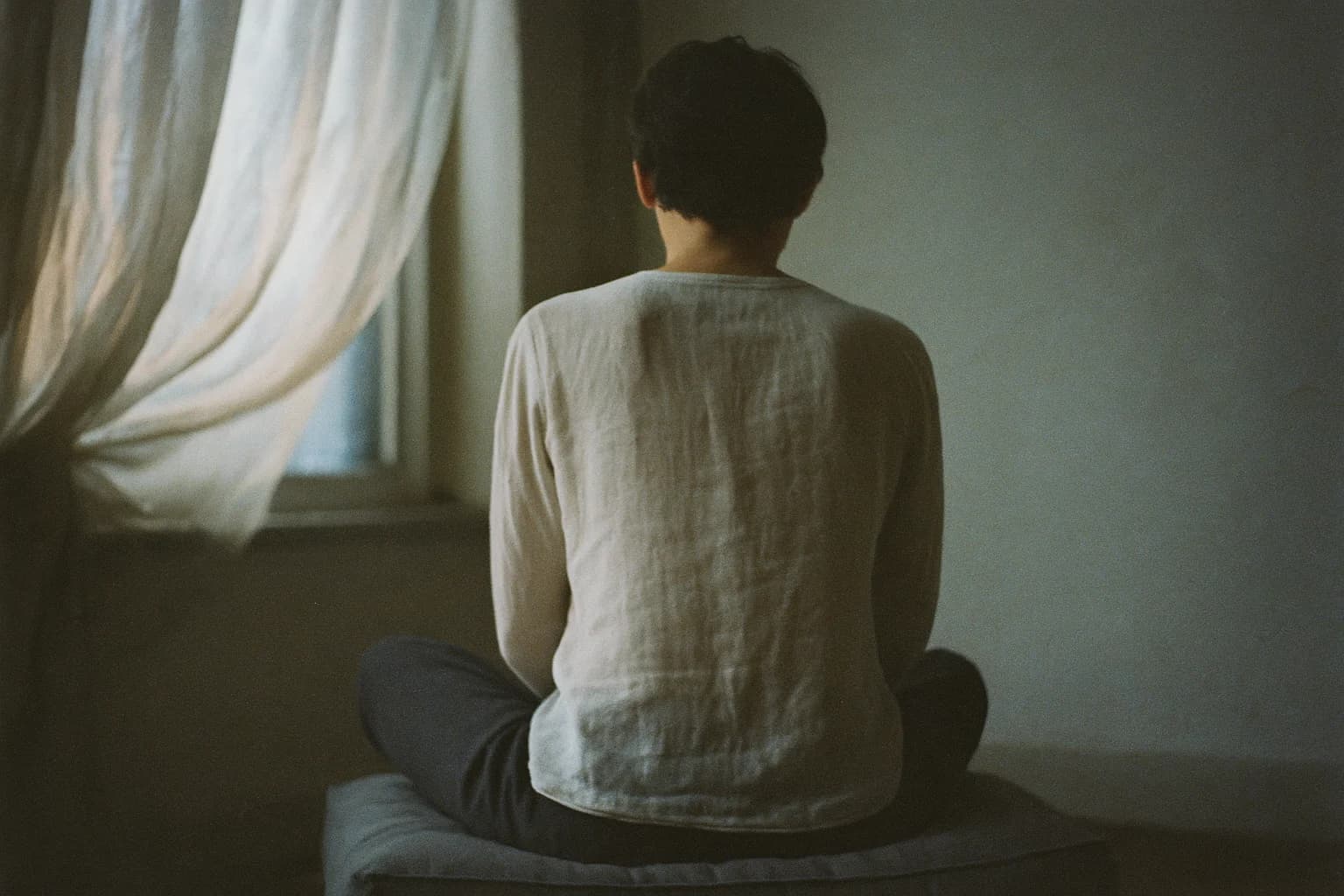 Dos d'une personne assise sur un coussin, colonne visible sous un t-shirt clair, lumière latérale douce