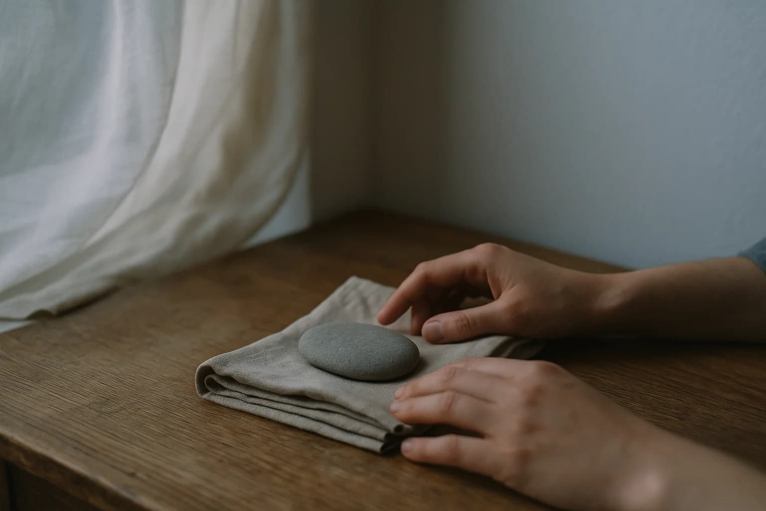 Galet plat posé sur un tissu en lin plié, lumière douce latérale, surface en bois