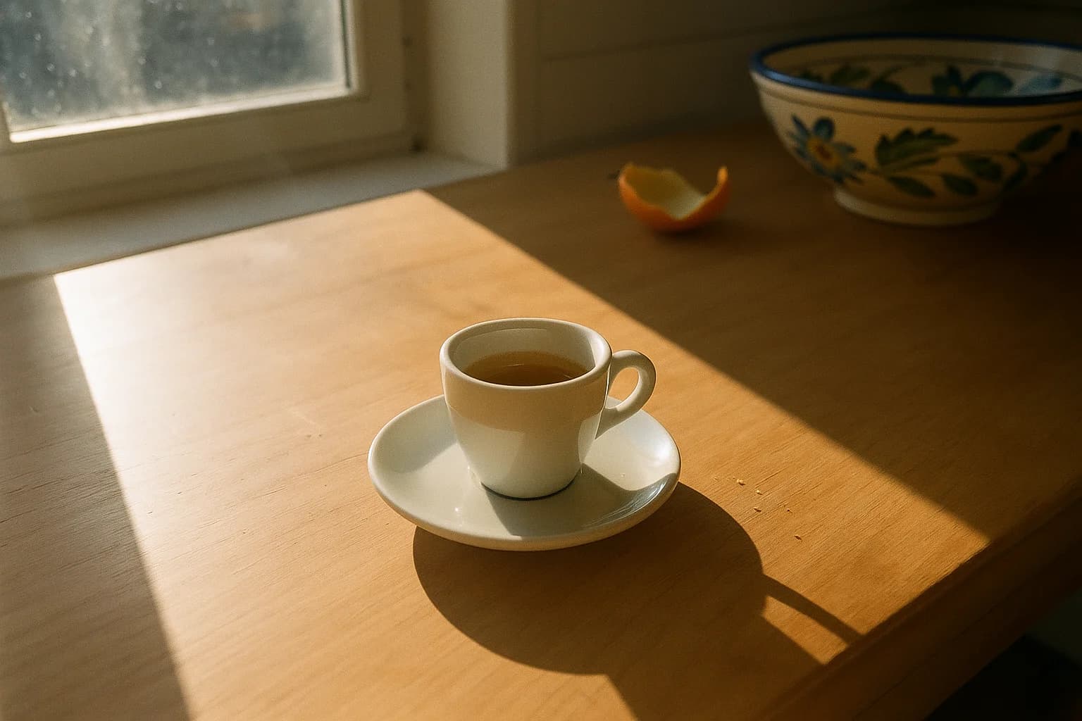 Tasse d'espresso vue du dessus sur une table en bois nu, lumière du matin projetant des ombres longues, quelques miettes près de la soucoupe