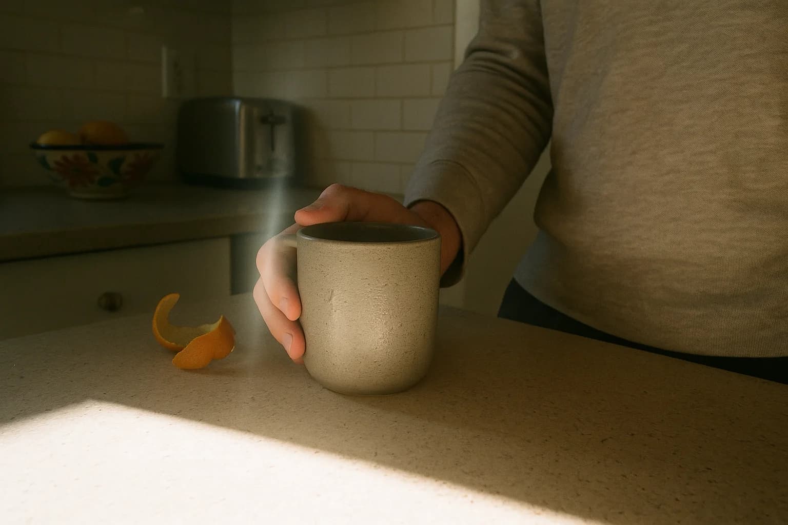 Main masculine enveloppant une tasse de café sur un comptoir de cuisine, condensation sur la céramique, rayon de soleil matinal flou traversant le cadre