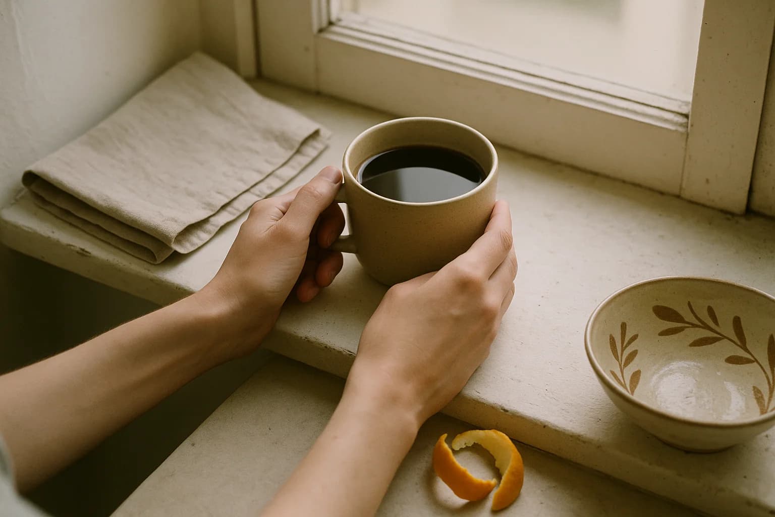 Tasse de café noir refroidie sur un rebord de fenêtre au petit matin, lumière douce, torchon plié à côté