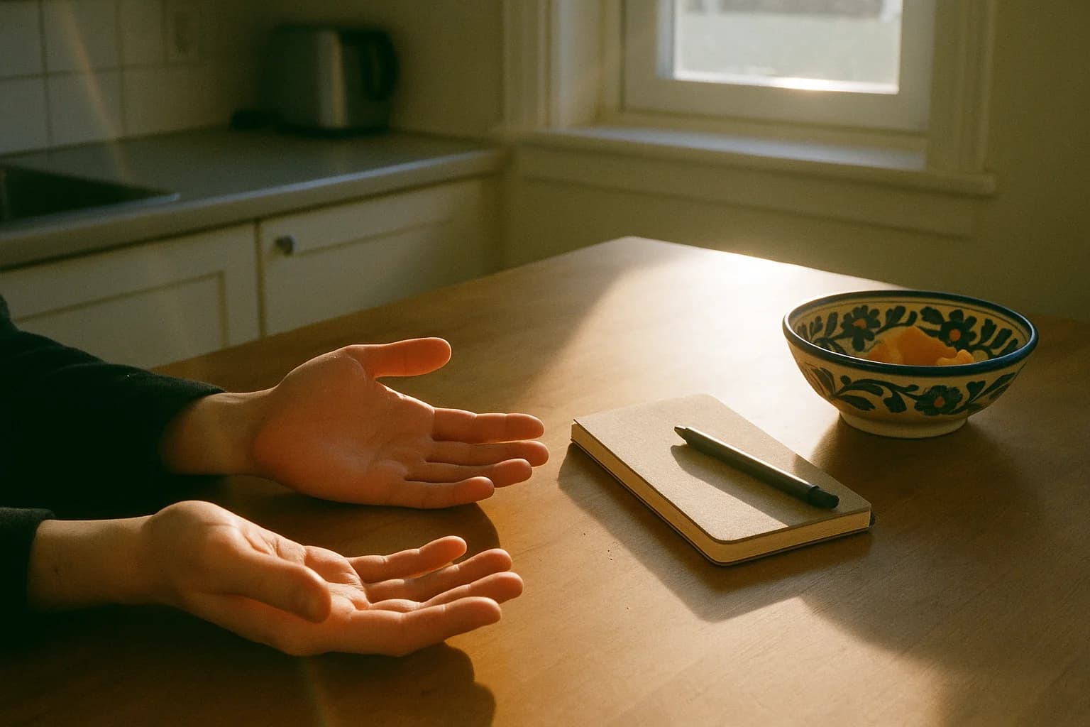 Deux mains posées ouvertes, paumes vers le haut, sur une table de réunion en bois, près d'un carnet fermé et d'un stylo