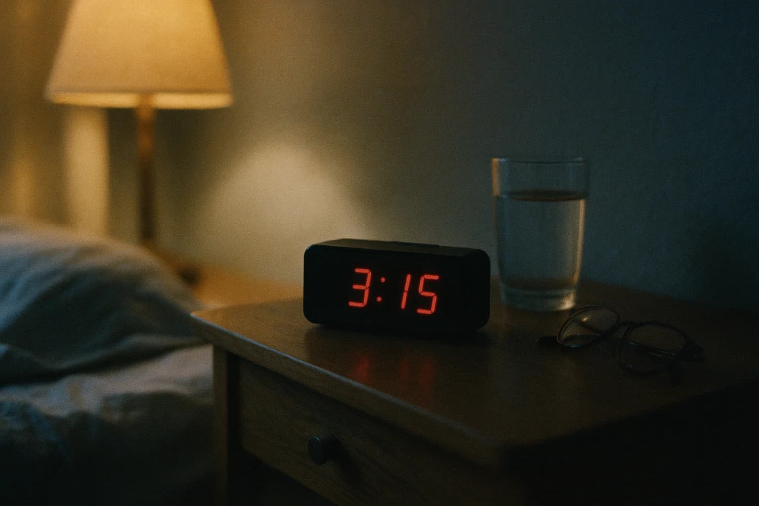 Réveil digital affichant 3h15 sur une table de chevet en bois à côté d'un verre d'eau, lumière chaude d'une lampe de chevet