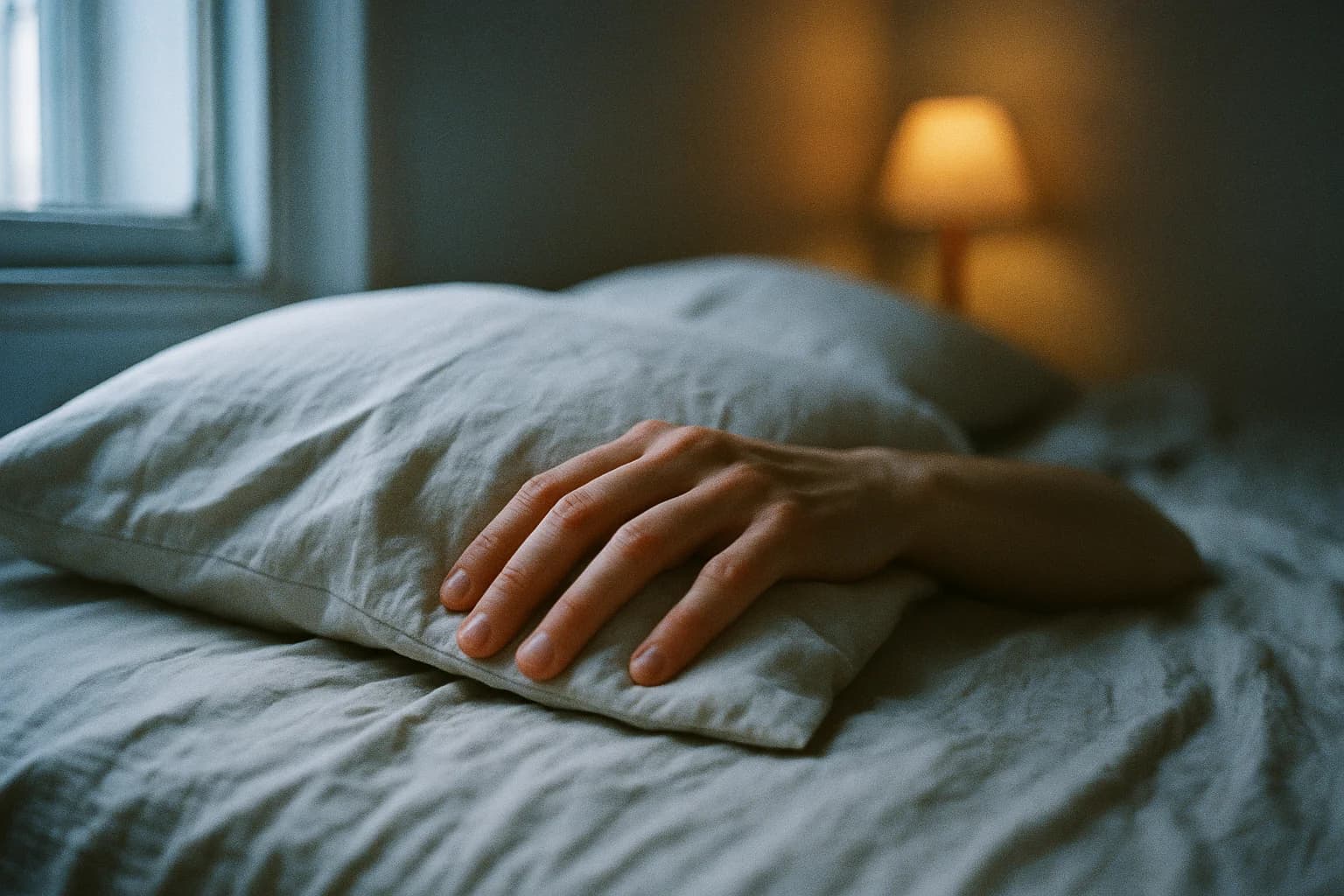 Main posée à plat sur un oreiller blanc froissé, lumière matinale rasante, doigts légèrement écartés