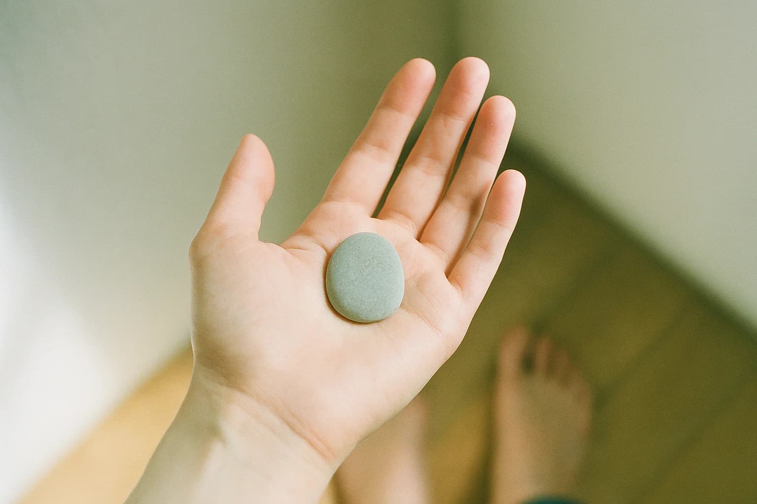 Un caillou plat et gris posé au creux d’une paume ouverte, la méditation de la montagne commence par un point d’appui concret