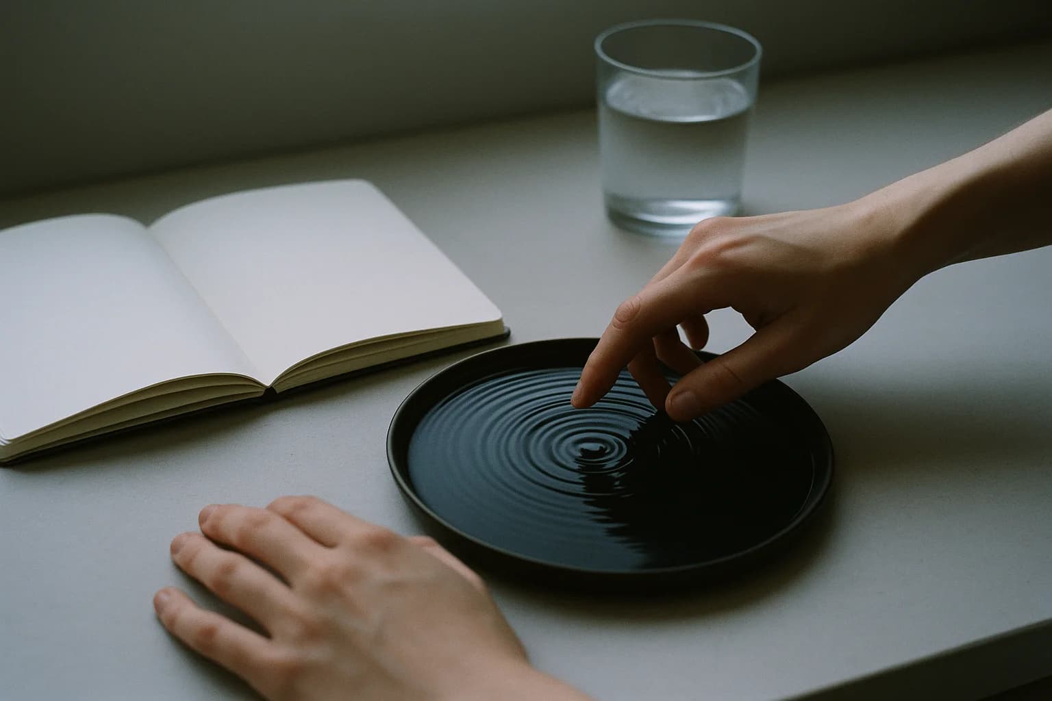 Un doigt effleure une eau sombre et déclenche des cercles concentriques qui s'élargissent, image d'une pensée qui traverse le mental