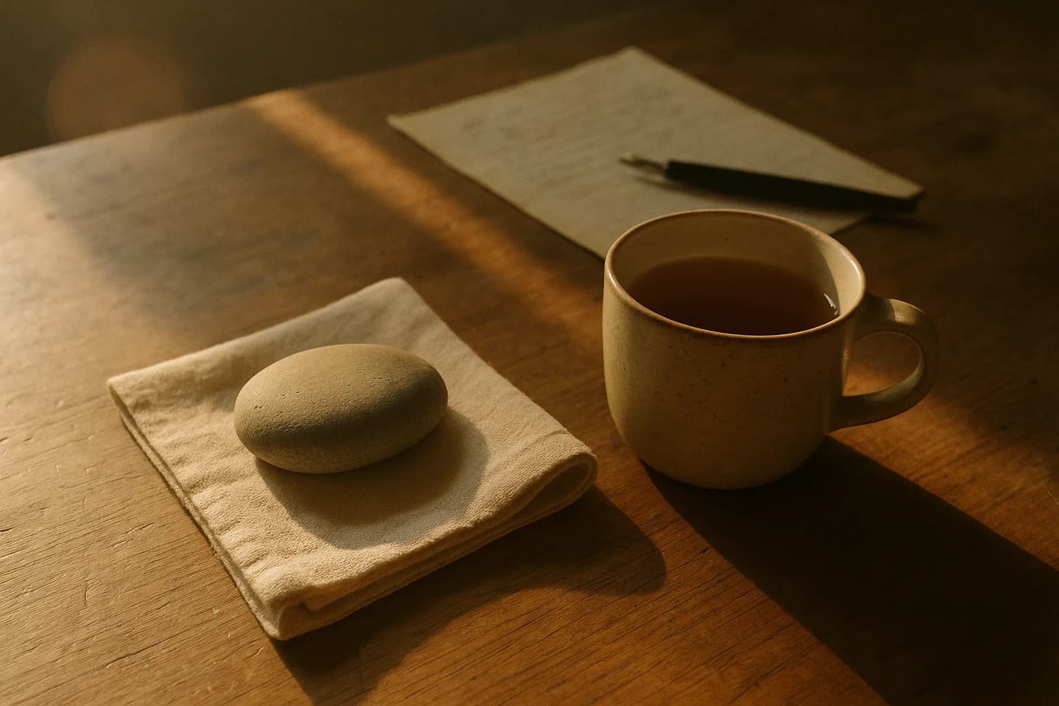 Galet lisse posé sur une serviette en lin à côté d’une tasse de thé sur une table en bois, lumière matinale douce