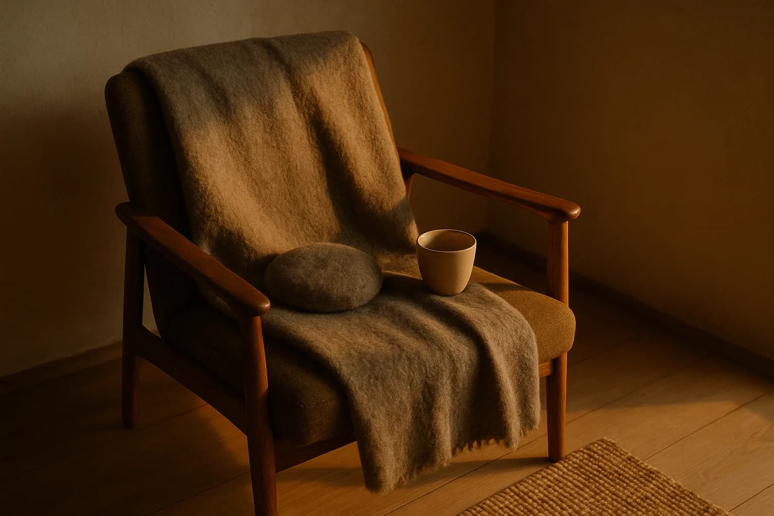 Couverture pliée et petit coussin posés sur un sol en bois près d'un tapis, lumière douce du matin