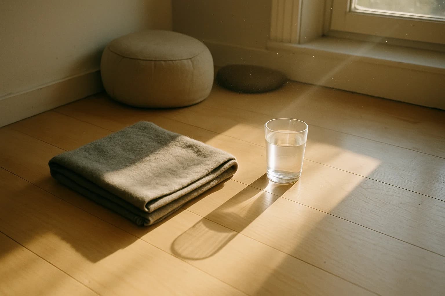 Méditation pour retrouver de l’énergie : couverture pliée, verre d’eau et coussin posés au sol près d’une fenêtre au matin