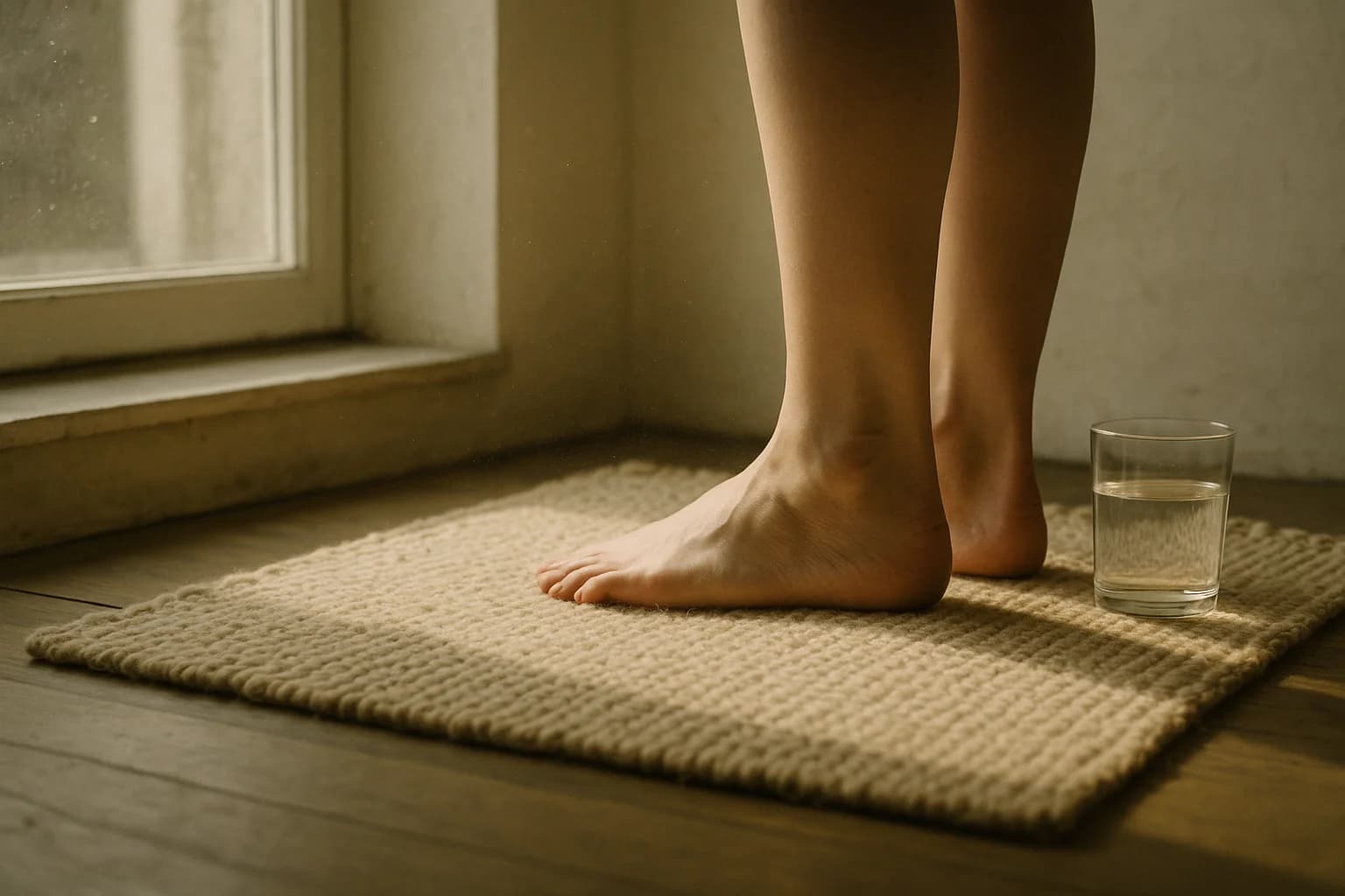 Pieds nus posés sur un tapis de laine beige près d’une fenêtre ensoleillée, le poids installé dans le sol