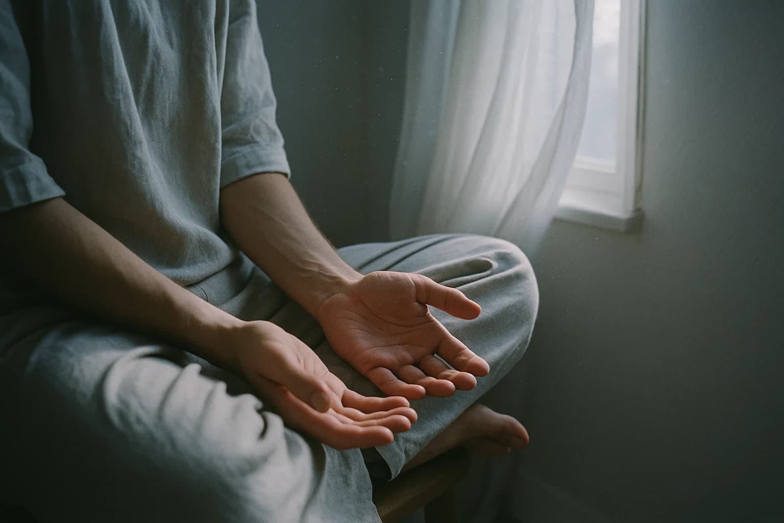 Méditation tonglen : deux mains ouvertes, paumes vers le ciel, posées sur les genoux d’une personne assise près d’une fenêtre voilée
