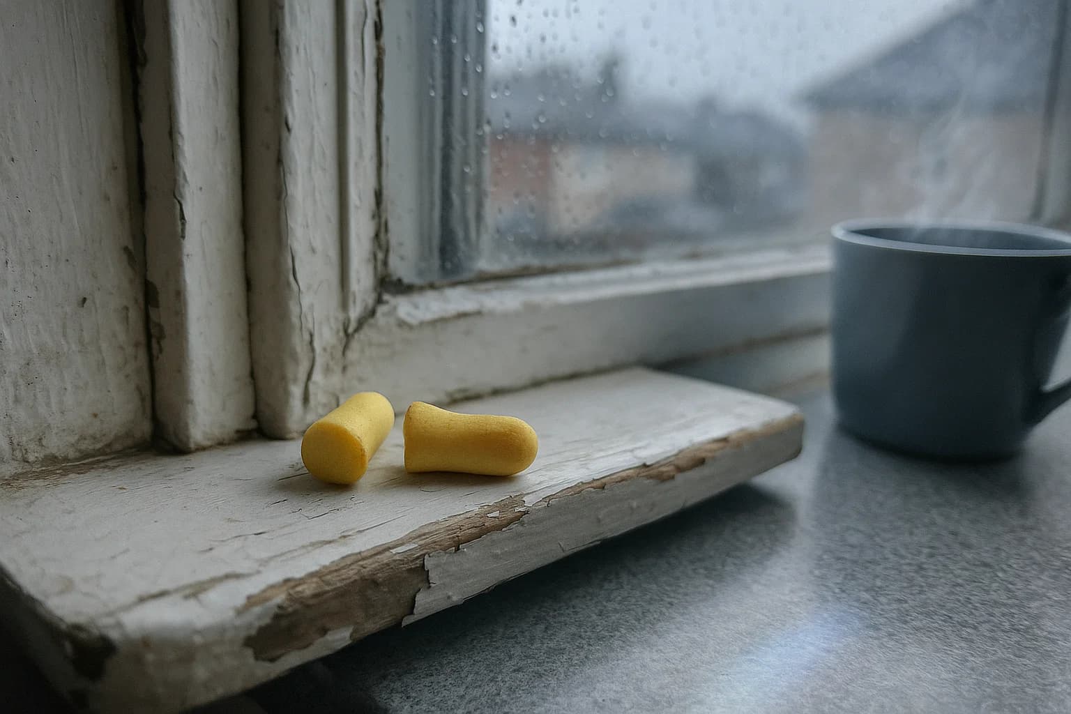Foam earplugs on a chipped windowsill, a grey street behind the glass: how to meditate when it's noisy