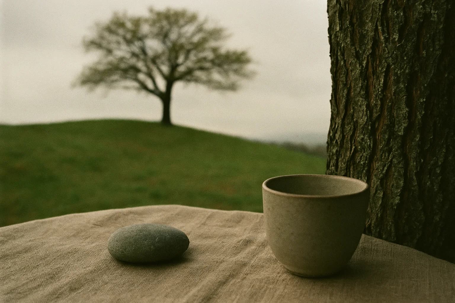 Galet lisse gris posé sur un tissu en lin brut à côté d'une tasse en céramique, lumière douce de fenêtre