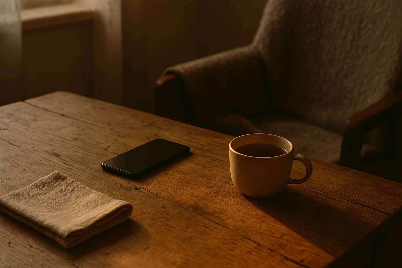 Téléphone retourné face contre une table en bois, à côté d'une tisane qui refroidit, lumière douce du matin