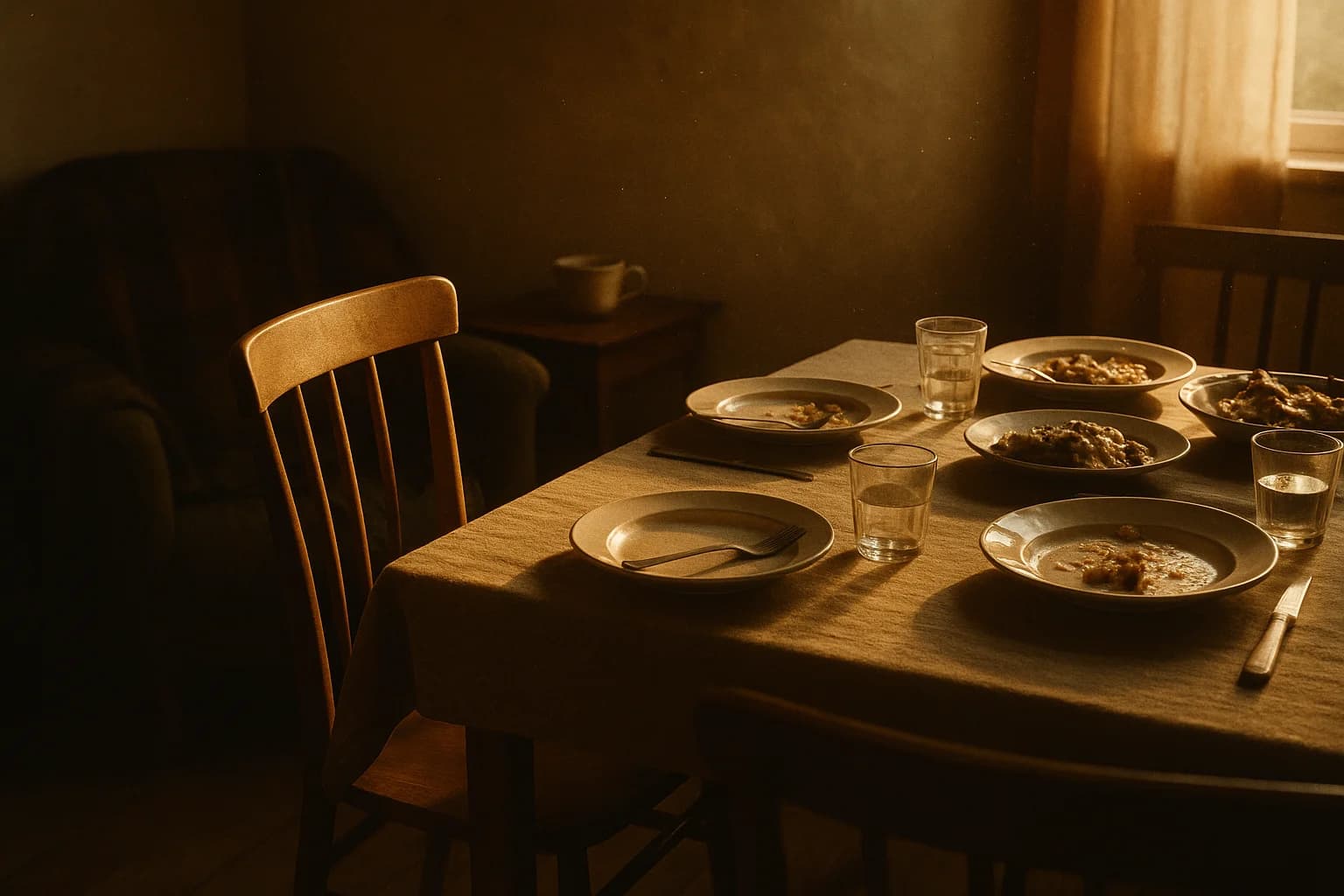 Chaise en bois vide légèrement écartée d'une table dressée pour un repas de famille, lumière chaude d'une lampe le soir