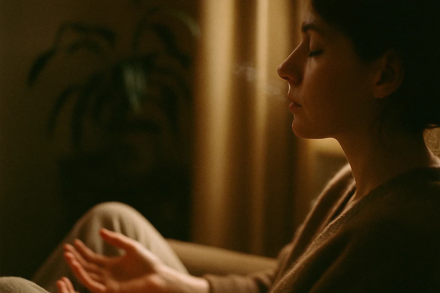 Visage de femme de profil les yeux fermés, lumière douce sur l'arête du nez, buée de souffle dans l'air frais du matin