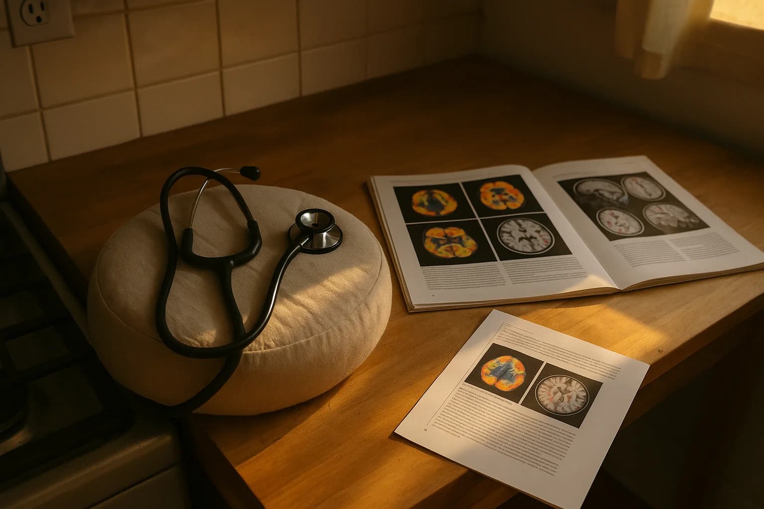 Stéthoscope posé sur un coussin de méditation à côté de revues de neurosciences ouvertes, lumière naturelle